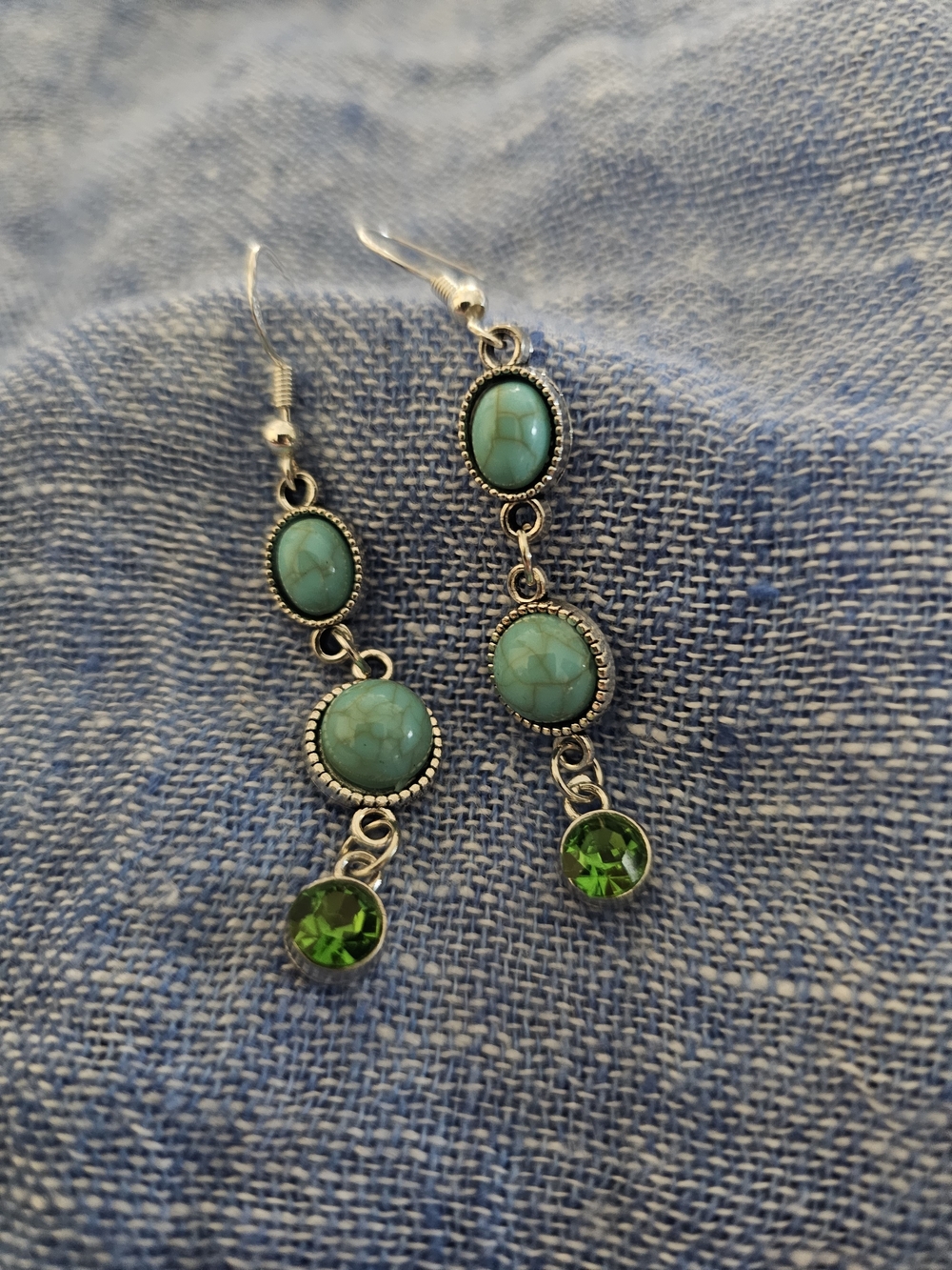 Hand Made Faux Turquoise and Green Crystal 3 Drop Dangle Earrings Sterling Backs
